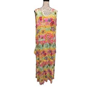 Bica‎ Colorful Floral  Maxi Dress Pockets Y2K Smocked Whimsical Fairy Hipster Lg